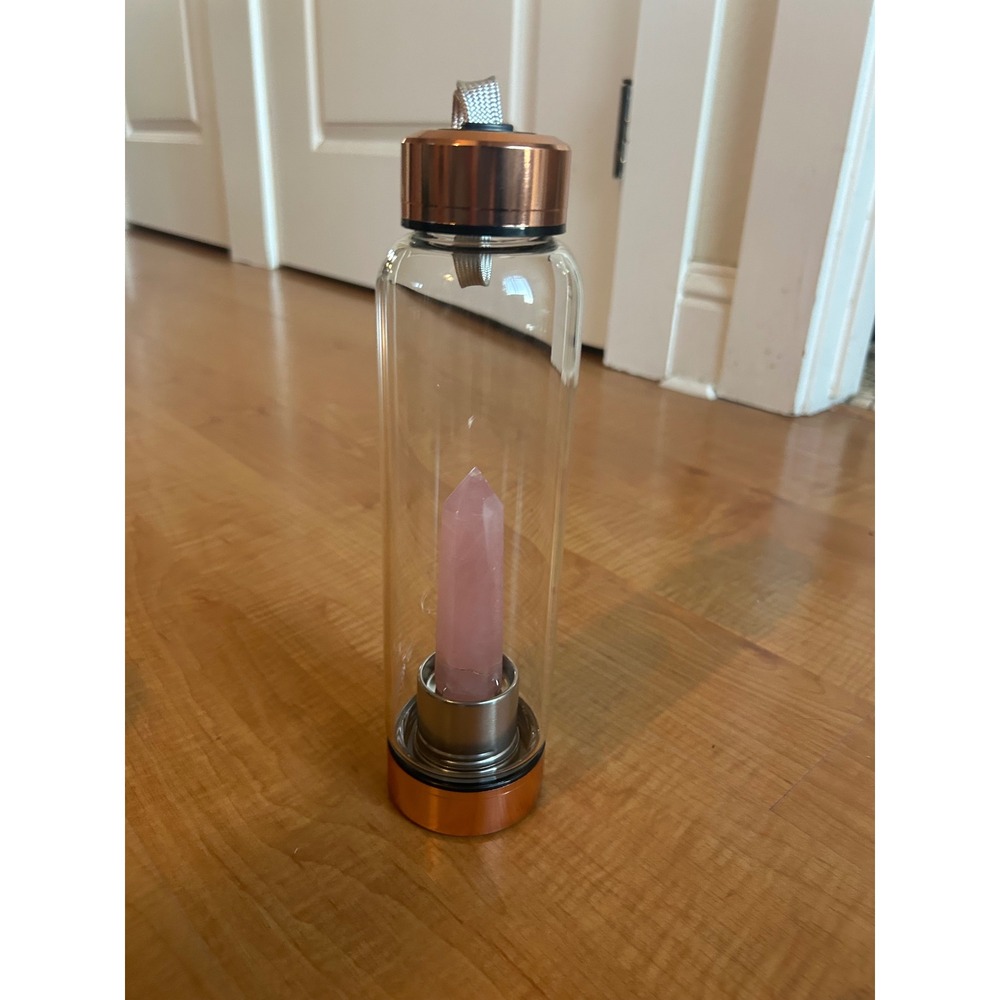 Rose Quartz Crystal Infused Glass Water Bottle Rose Gold Accents Neoprene Sleeve